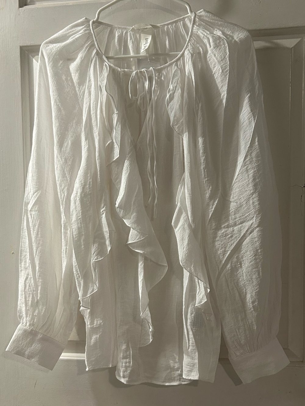H&M White Ruffle Tie-Neck Blouse